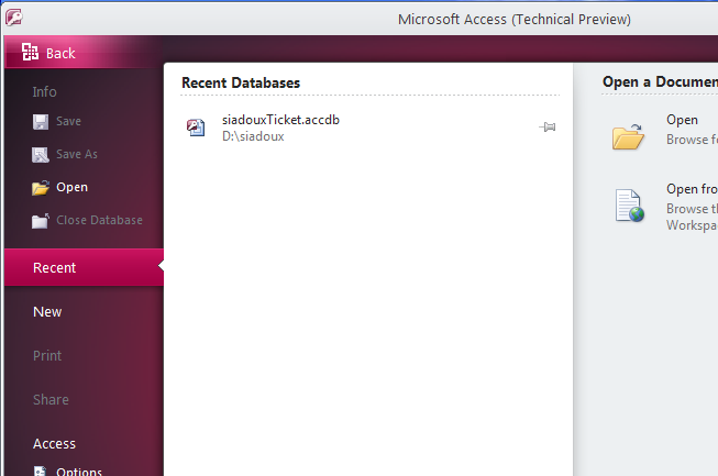 Ecran d'accueil Microsoft ACCESS - Office 2010