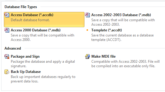 Les options de sauvegarde Microsoft ACCESS - Office 2010